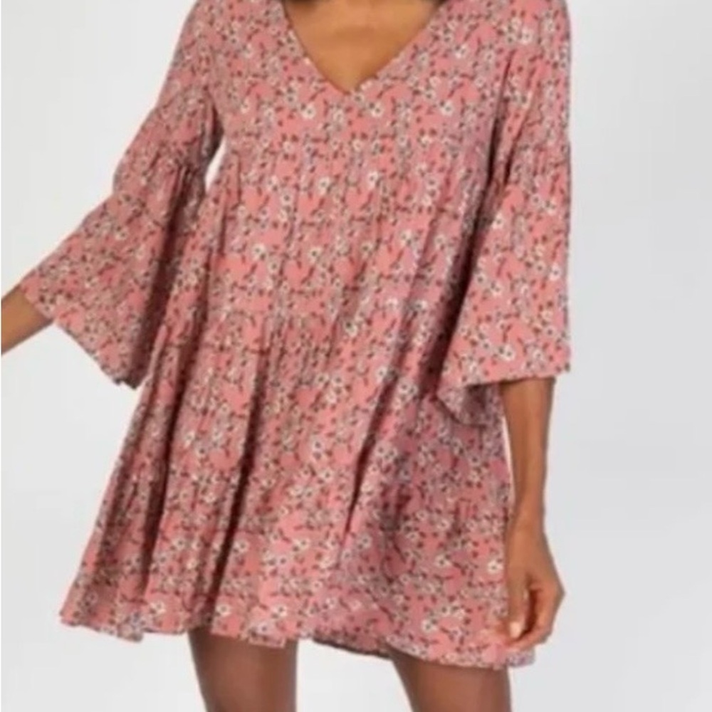 Natura Life Tiered Floral Charlotte Dress V-Neck Rose Pink